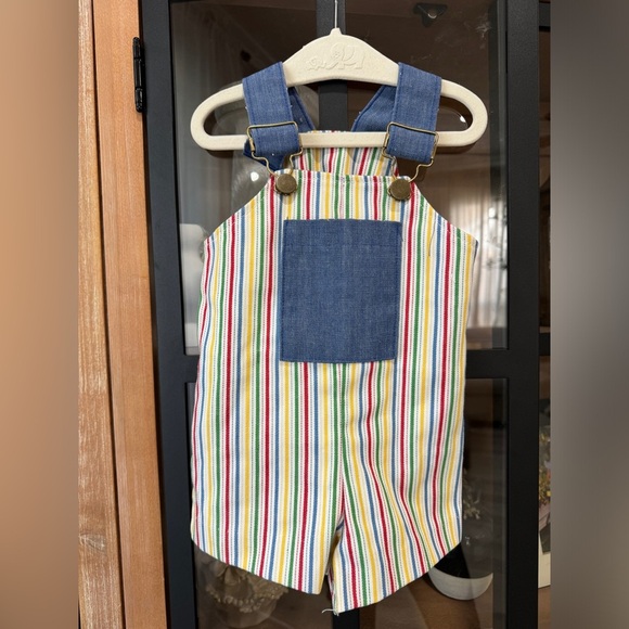 Vintage 1980s Buster Brown DoubleB Rainbow Stripes overalls baby boy sweater set - Picture 6 of 6